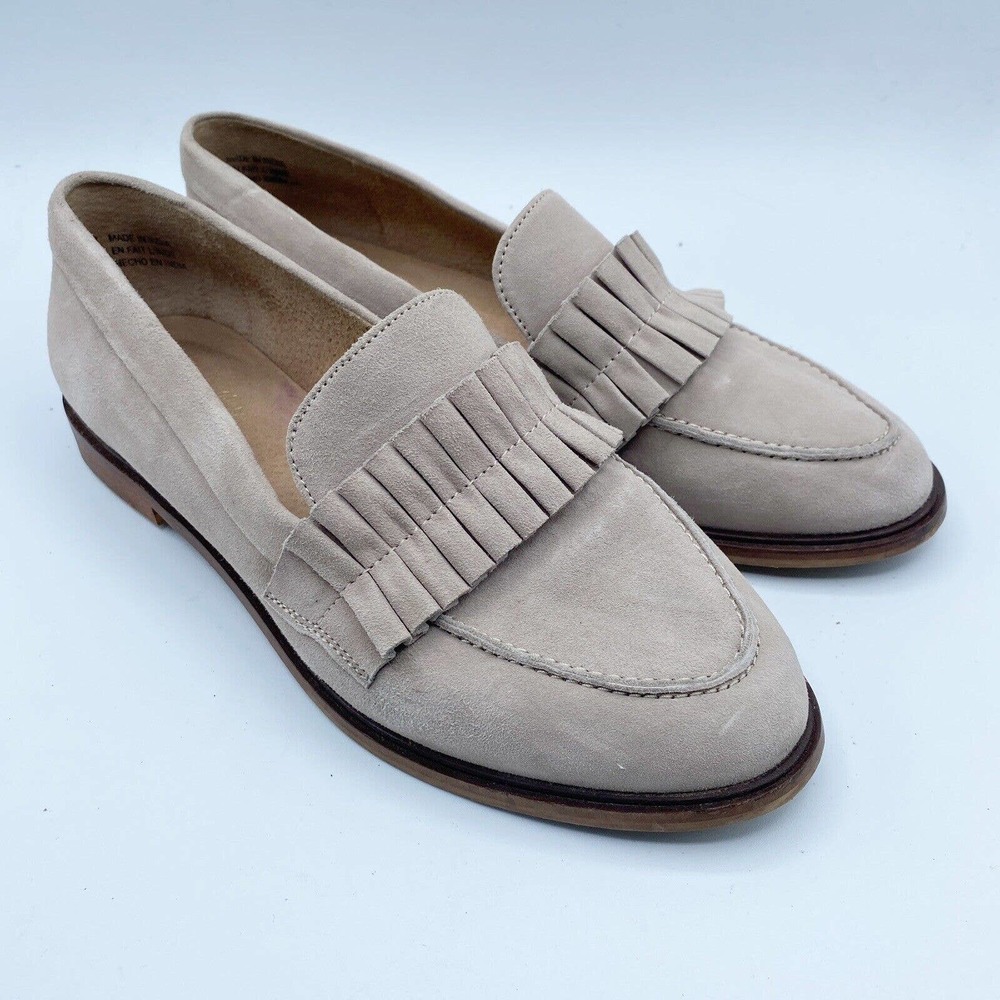 Anthropologie Seychelles Ruffle Loafers Size 8 Leather Suede Tan Taupe Flats